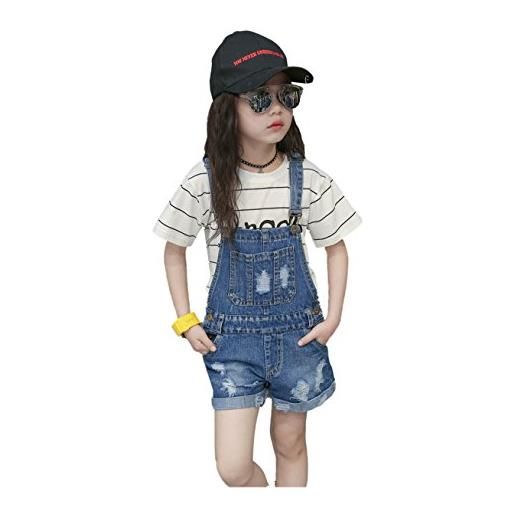 KIDSCOOL SPACE salopette di jeans da bambina, pantaloncini di jeans strappati grandi, blu, 5-6 anni