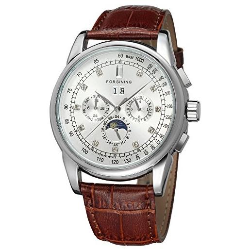 Forsining orologio da uomo con movimento analogico a carica automatica, fasi lunari, design unico, con cinturino in pelle, vintage
