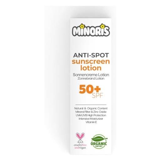 Minoris lozione solare anti-macchie spf 50+ | biologica, naturale & minerale, protezione ad ampio spettro per pelli sensibili | ipoallergenica, vegana, resistente all'acqua, base per make-up, 150 ml