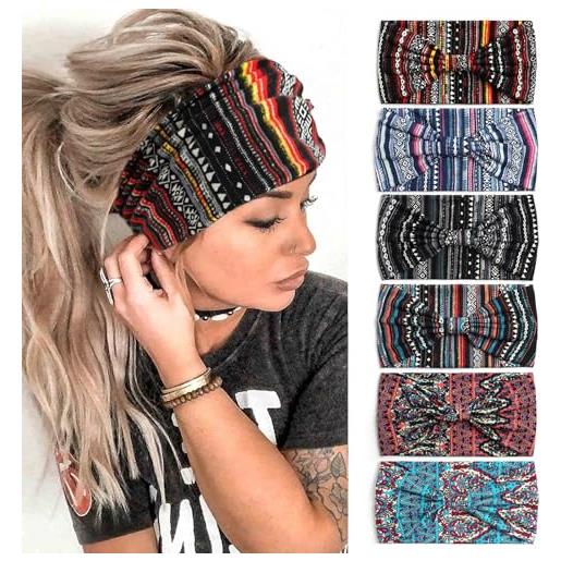 HUANMAYE pcs fasce per le donne ampio turbante annodato bandana boho testa sciarpe avvolge yoga hairbands tessuto elastico fascia sport running headscarves (boho. Flower)