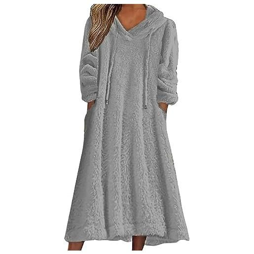 Generico abito casual da donna solido peluche con cappuccio abito allentato tasca pullover felpa abito maglioni abiti lunghi da (light blue, s)