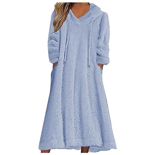 Generico abito casual da donna solido peluche con cappuccio abito allentato tasca pullover felpa abito maglioni abiti lunghi da (light blue, s)