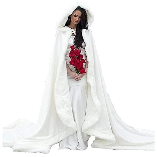 MAYILNSIN mantello lungo in velluto da sposa con cappuccio in pelliccia sintetica invernale caldo poncho avorio bianco, bianco, xl