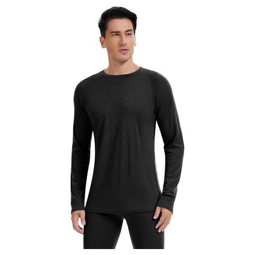 woolcano maglia termica da uomo, 100% lana merino, calda e traspirante, a maniche lunghe, strato baselayer per inverno e outdoor, nero , m