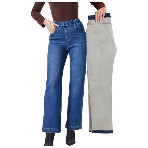 Fakanhui jeans da donna foderati in pile a gamba larga, invernali, termici, foderati in flanella, jeans larghi, blu indossato, m