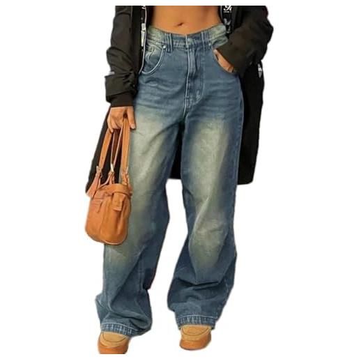ticticlily pantaloni donna larghi jeans baggy pantalone vita alta wide leg pantaloni gamba dritti con tasche y2k casuale denim pants a3 blu scuro s