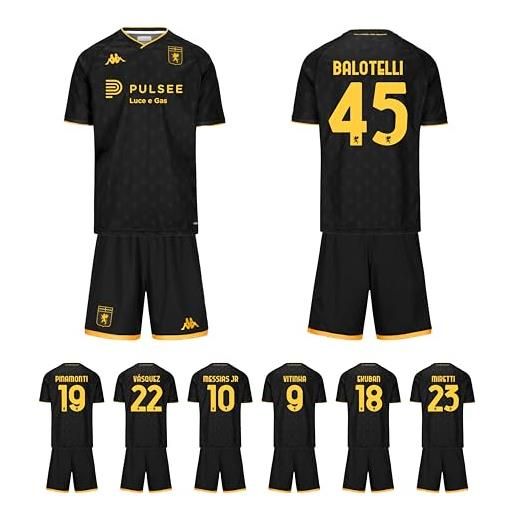 Kappa completo bambino 3a maglia gara away ufficiale genoa fc 2024/25 personalizzabile balotelli pinamonti messias jr (it, età, 10 anni, regular, nero oro)