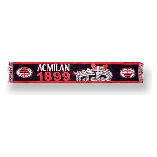ACM 1899 ac milan sciarpa jacquard, sfondo nero con immagine dello stadio san siro e scritta 1899, prodotto ufficiale 100% acrilico, made in italy