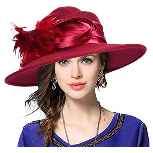 VECRY donna tesa larga floscio panama cappelli fascinator lana fedora felt formale festa berretto (piuma chiaretto)