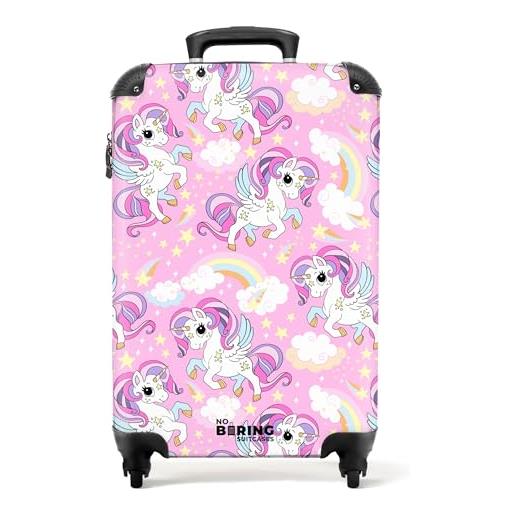 NoBoringSuitcases.com valigia bambini, trolley bambina, valigie, cabin go, suitcase ragazza 10 kg, trolley bagaglio a mano 55x40x20 cm (unicorni colorati, arcobaleni e stelle - rosa)