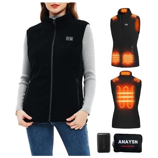ANAYSN gilet riscaldato donna in pile, maglia riscaldata elettrica, dotato di batteria da 7.4v 16000mah, nero, l
