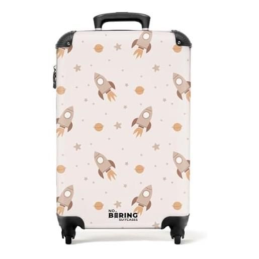 NoBoringSuitcases.com valigia trolley per bambini da viaggio, 55x40x20 cm, 10 kg - motivo razzi e pianeti beige