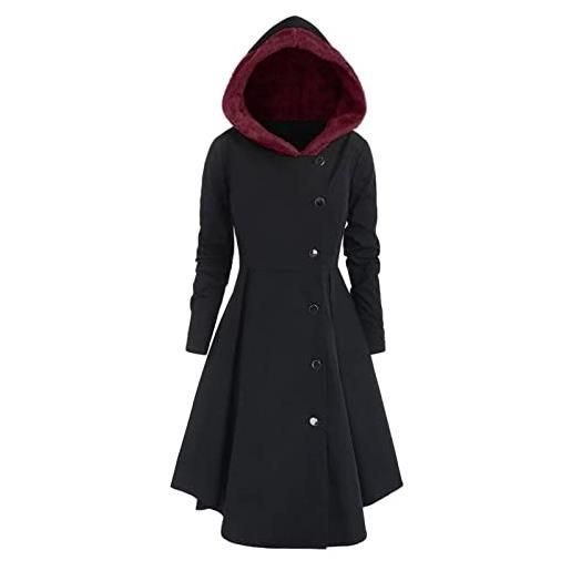 KBOPLEMQ cappotto invernale da donna con cappuccio, cappotto invernale monopetto vintage, asimmetrico, gonna a pieghe a maniche lunghe, giacca in peluche, cappotto caldo, lungo, gotico, lunghezza