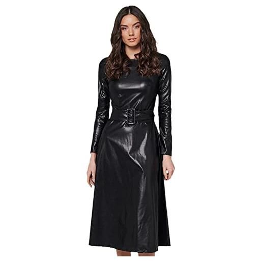 Pohullan moda cintura in ecopelle abiti donna manica lunga slim fit pu vestito sexy club wear autunno inverno, nero , l
