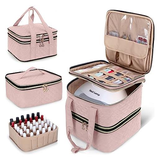 Yarwo borsa da viaggio rimovibile per 72 bottiglie di smalto per unghie, organizzatore a 3 strati per smalto per unghie e accessori per nail art, beige rosa(in attesa di brevetto)