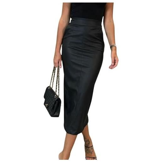LLECDASEUI gonna lunga in ecopelle da donna bodycon vita alta matita sottile controllo della pancia gonna midi con tasche (caffè, s)
