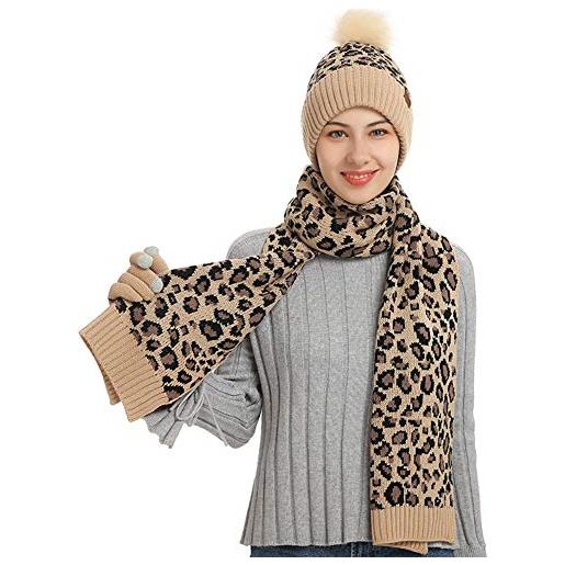 GOREUK 3 pezzi/set cappello donna invernali beanie in maglia fodera in pile moda leopardato cappello sciarpa e guanti touch screen sport all'aperto regalo di natale (beige)