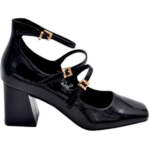 Malu Shoes scarpa decollete donna punta quadrata con tacco largo 8 cm fibbie oro regolabili nero lucido cinturino caviglia