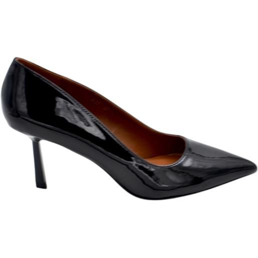 Malu Shoes decolette donna in pelle vernice lucida nera con punta tacco sottile basso 7 cm linea basic