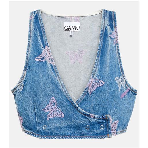 Ganni top cropped di jeans con ricami