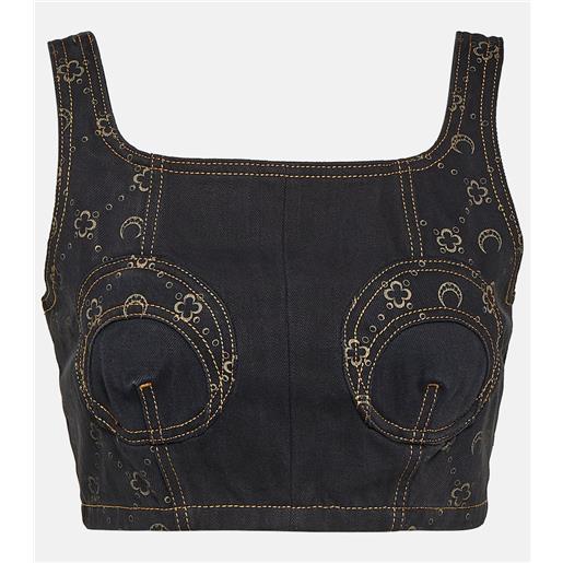 Marine Serre top cropped di jeans con stampa