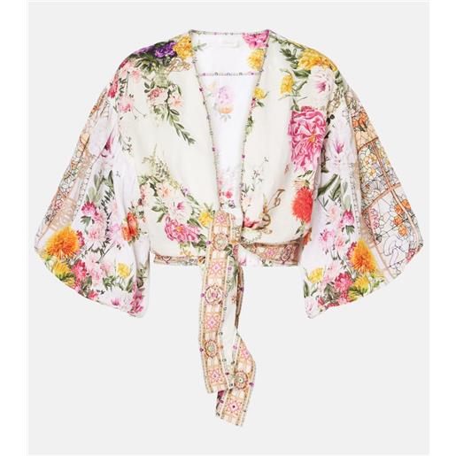 Camilla top cropped in lino con stampa