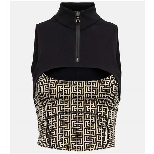 Balmain top cropped in jersey con monogramma