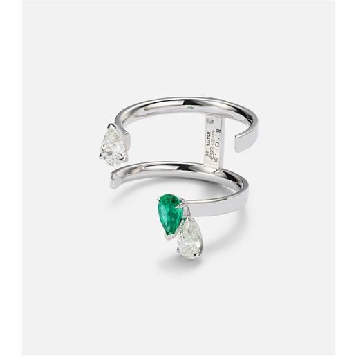 Repossi anello serti sur vide in oro bianco 18kt con diamanti e smeraldo