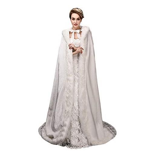 Ommda donna invernale cerimonia lungo scialle stola mantello elegante sposa di pelliccia finta, bianco avorio, 