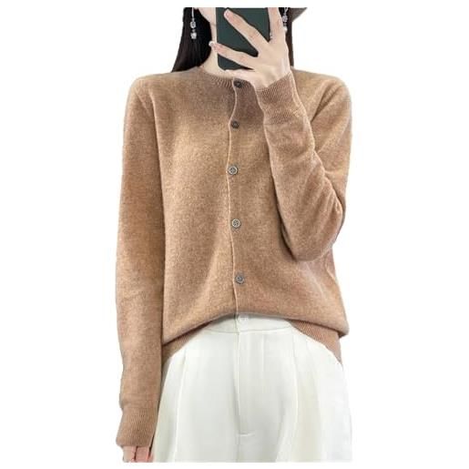 Generic maglione da donna in 100% lana merino, con bottoni sul davanti, cardigan girocollo morbido e leggero, lighttan dorato, xxl