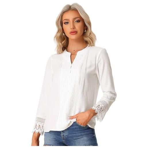 Allegra K donna boho all uncinetto in pizzo a maniche lunghe abbottonatura a mezzo bottone bluse e camicie bianca xs
