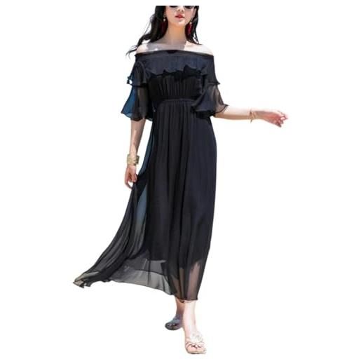 Valin abito da donna in seta tinta unita con spalle scoperte a maniche corte 100% seta arioso a vita alta pieghettato lungo mulberry abito di seta, d1969, nero , 50
