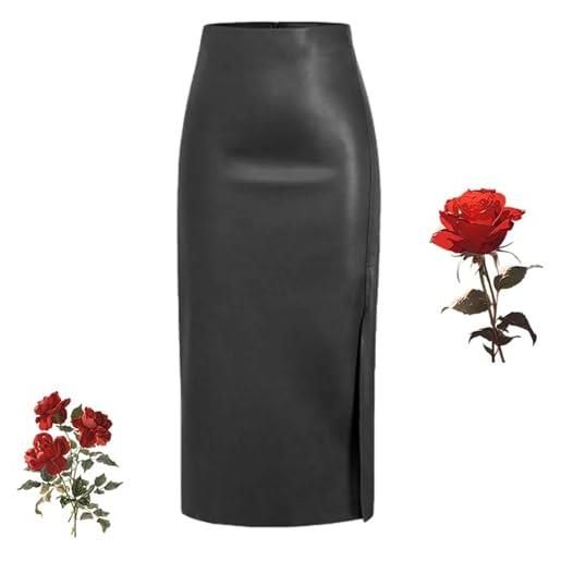 WXDTW gonne lunghe in pelle da donna, gonna lunga invernale in pelle nera con spacco a vita alta in finta pelle sexy gonna aderente a una linea, nero , s