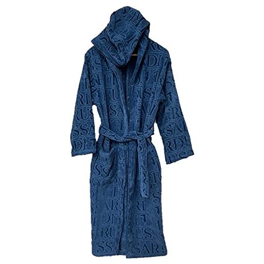 Trussardi accappatoio unisex con cappuccio in pura spugna cimata home linen art overlogo (blue 003, s/m)