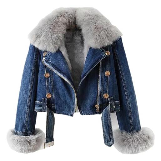Generic giacca in denim da donna con pelliccia, calda pelliccia colletto foderato in pelliccia giacca di jeans spessa a pelo lungo invernale rimovibile top corto, blu scuro, m