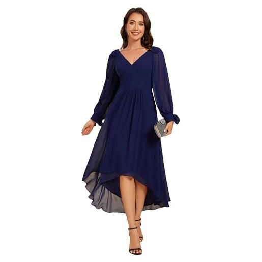 Ever-Pretty abito da cerimonia eleganti donna a maniche lunghe vestito da sera midi con scollo a v e vita alta in chiffon abiti da cocktail blu navy 50