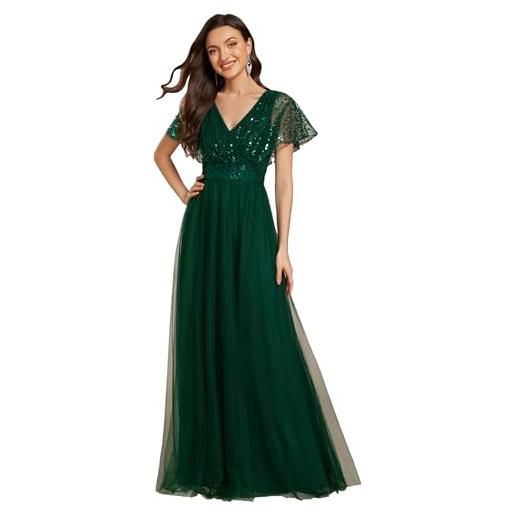 Ever-Pretty abiti da sera eleganti da donna con paillettes lunghe e scollo a v manica corta vestito da cerimonia donna blu zaffiro 44