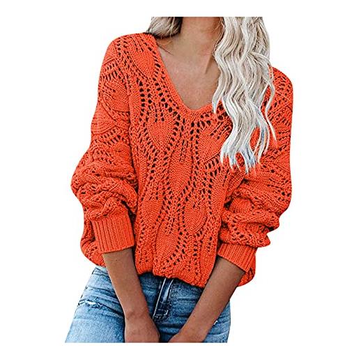 Generic tunica maglione pullover allentato a maniche lunghe in maglia traforata con scollo a v tinta unita da donna giubbotti invernali donna giacche donna primavera (orange, s)