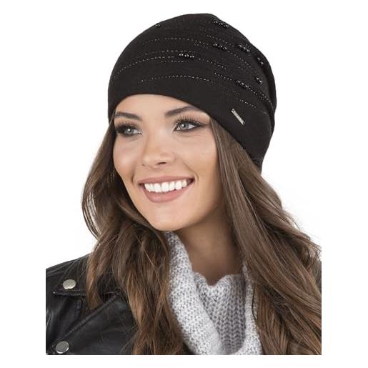 Vivisence invernale cappello elegante da donna in lana con fodera decorato con zirconi e perline design classico e confortevole perfetta vestibilità ideale per un regalo, nero, taglia unica