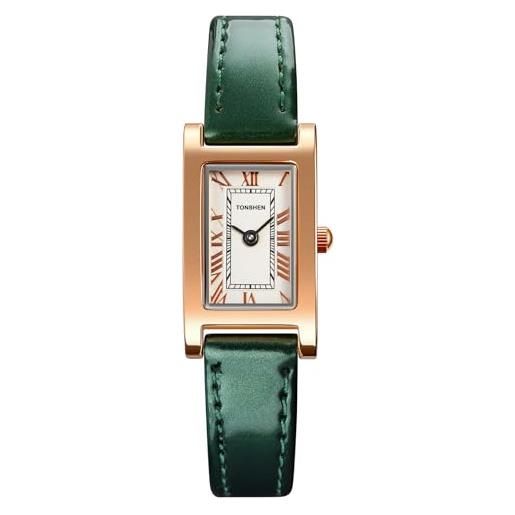 TONSHEN orologi da polso da donna e ragazza analogico quarzo quadrante rettangolare acciaio inossidabile cassa e pelle cinturino casual elegante orologio (verde)