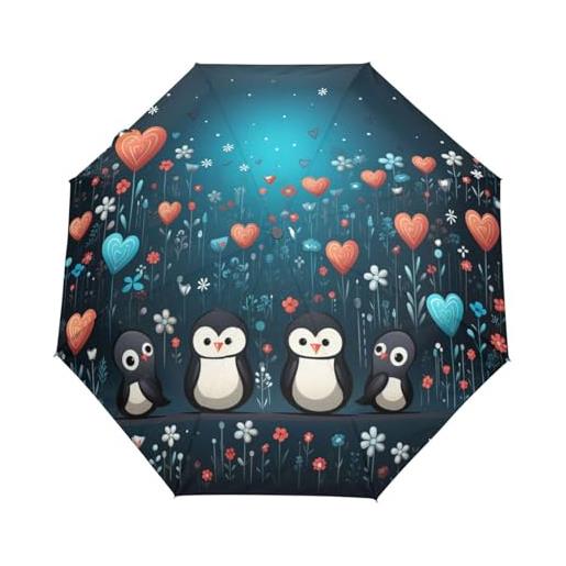 Niigeu pinguini del cuore della festa dell'amore ombrello pieghevole automatico ombrelli antivento protezione uv da viaggio per bambini ragazzi ragazze