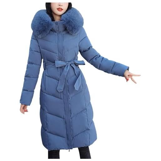 Yancremio cappotto caldo invernale da donna lungo casual colore solido due lati indossare giacca con cappuccio moda sottile elegante antivento cerniera piumino (blu, l)