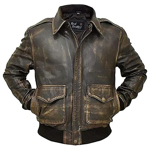 Jorde Calf giacca in pelle da uomo a2 aviator flying tiger wwii bomber da uomo in vera pelle, bomber pilot giacca in pelle, marrone chiaro, xl