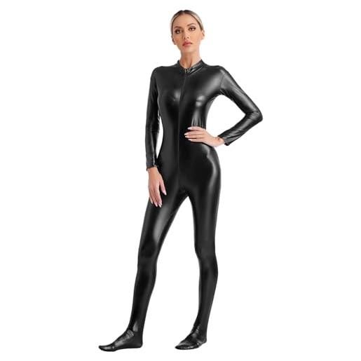 Xunerloy Tuta sportiva da donna, lunga, aderente, per yoga, a maniche lunghe, con scollo a V, a coste, con chiusura lampo, tuta da jogging, Nero , L
