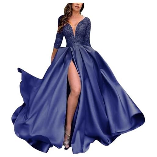 Xmiral abito da donna con spacco profondo a v in pizzo con paillettes, gonna lunga sexy, abito da per banchetti, abito con maniche a cinque quarti vestiti matrimonio invernale (blue, xl)