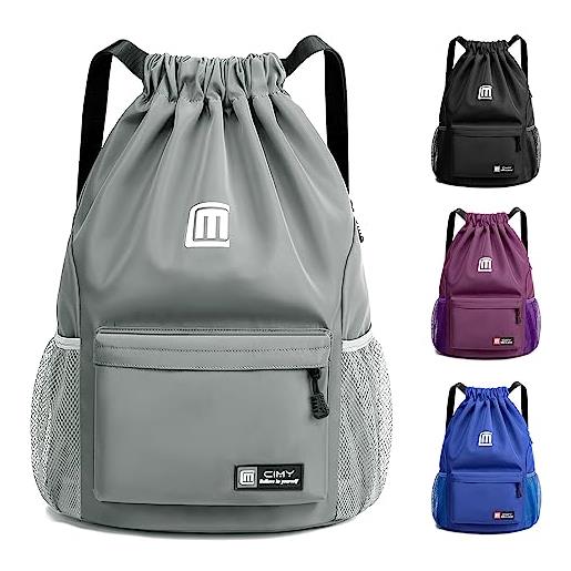 Sarsumir borsa con coulisse sacca sportiva, impermeabile sacchetta sportiva grande capacità zaino con coulisse sacca zaino per uomo donna sport, grigio