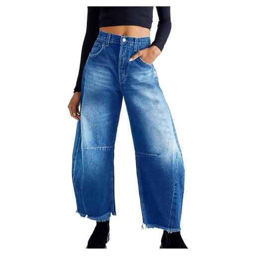 Beokeuioe cropped raw hem boyfriend jeans da donna locker barrel jeans da donna baggy gamba larga vita balloon horseshoe jeans casual streetwear denim pantaloni estivi, blu, xl