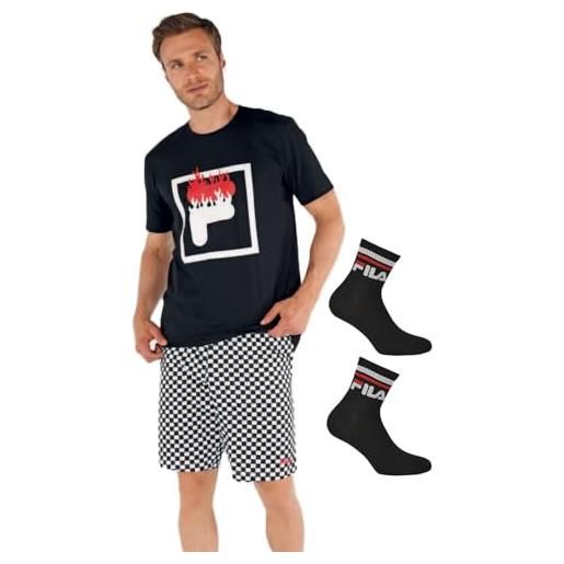 Fila completo sportivo uomo in cotone + calzini omaggio pigiama corto estivo uomo taglie s m l xl xxl relax sport casual t-shirt + pantaloncino (it, testo, m, regular, regular, nero 184)