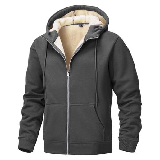 Tansozer felpa giacca da uomo foderata zip hoodie con cappuccio giubbotto in pile calda plush jacket sherpa sweater invernale casual, grigio chiaro, xxl