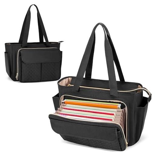 Luxja borsa per insegnante con area di archiviazione a fisarmonica e custodia per laptop, borsa tote per insegnante per donna (solo borsa), nero